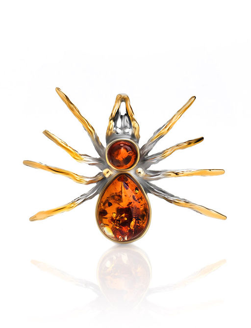 Эффектная брошь Паучок из коньячного янтаря