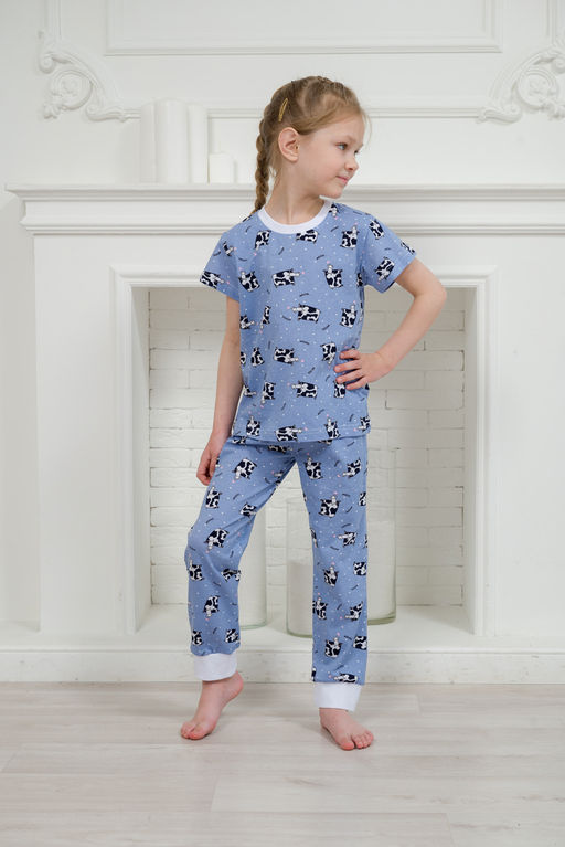 Пижама детская из футболки и брюк из кулирки Коровы голубой - Амадэль фото 5