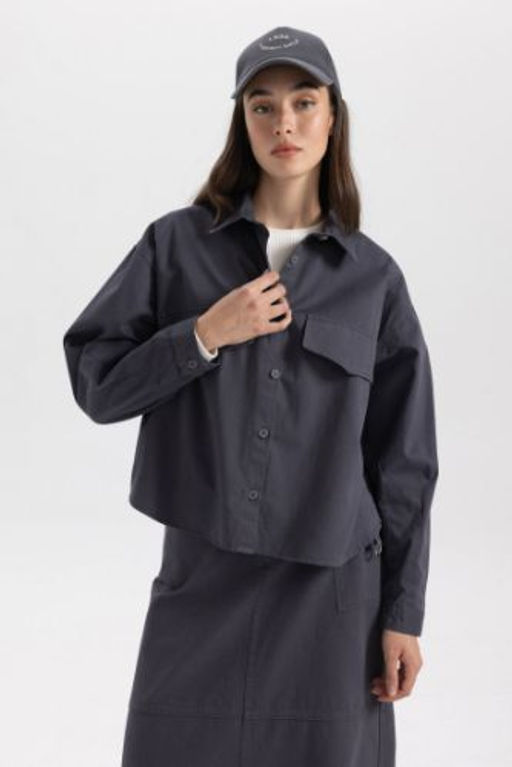 Relax Fit Gabardin Basic Duz Uzun Kollu Gomlek Tunik