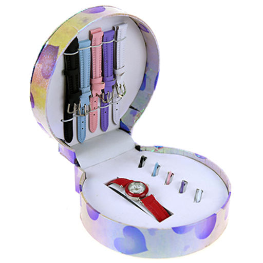 Набор подарочный для девочек: часы наручные кварцевые 20х2,3см со сменными цветными ремешками из кожзама - 5 штук, со сменными цветными металлическими кольцами - 5 штук, в подарочной коробке (Китай)