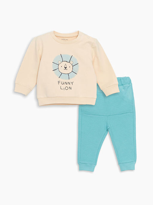 Bisiklet Yaka Bask?l? Erkek Bebek Sweatshirt ve E?ofman Alt 2li