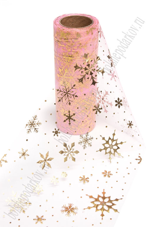 Фатин Снежинки 15 см*15 ярд (SF-3776) розовый/золото - Больше подарков фото 3