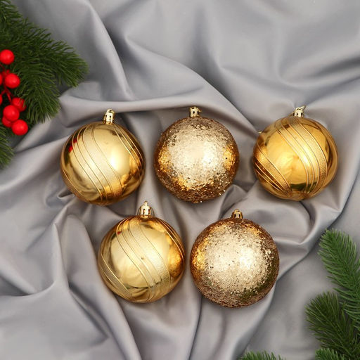 Ёлочные игрушки Бахор, шары новогодние, набор 5 шт., d=8 см, блеск, золотистый