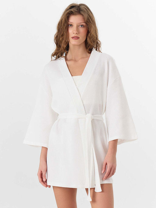 Халат женский белый вафельный укороченный