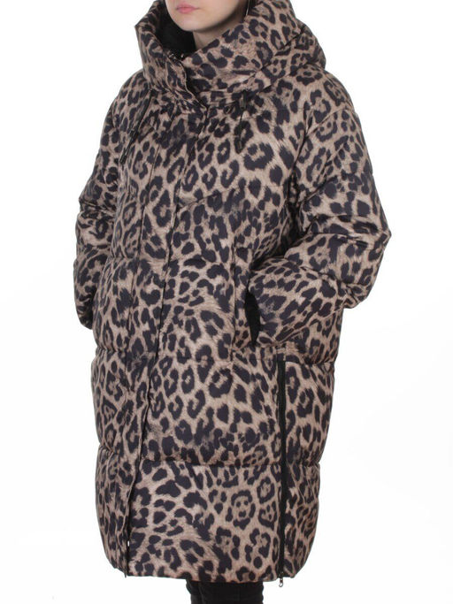 8892 BROWN/LEOPARD Куртка зимняя женская оверсайз с вшитой жилеткой (200 гр. холлофайбер)