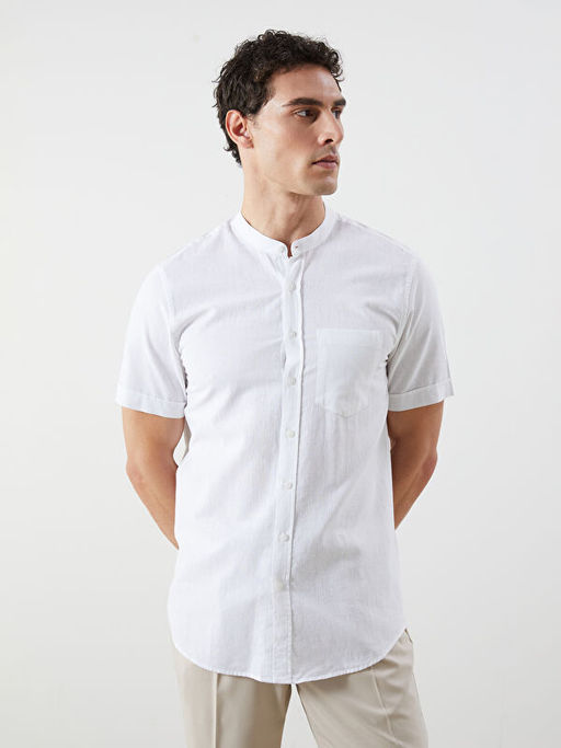 Regular Fit K?sa Kollu Keten Kar???ml? Erkek G?mlek