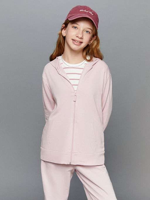 Kap??onlu Basic Uzun Kollu K?z ?ocuk Fermuarl? Sweatshirt
