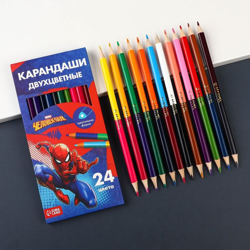 Цветные карандаши, 24 цвета, двусторонние, «Человек-паук»