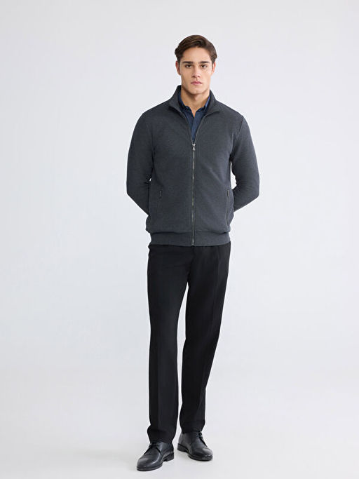 Standart Kal?p Dik Yaka Erkek Fermuarl? Sweatshirt