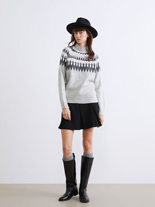 Yar?m Bal?k?? Yaka Desenli Kad?n Triko Kazak