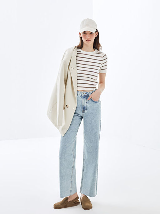 Bisiklet Yaka ?izgili K?sa Kollu Kad?n Triko Kazak