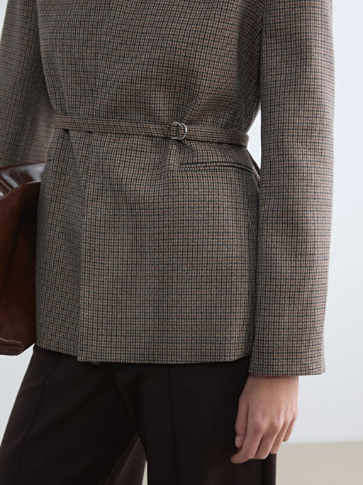 Kemerli Ekose Kad?n Blazer Ceket