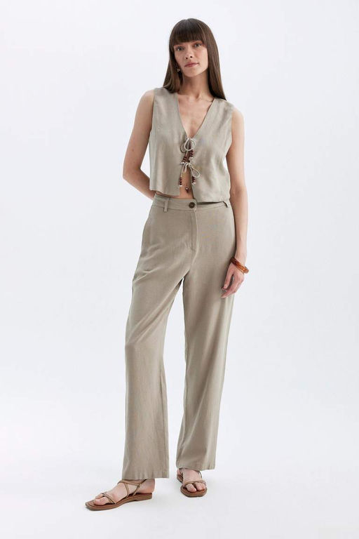 Широкие длинные брюки прямого кроя с карманами и высокой талией из смесового льна - Defacto фото 6