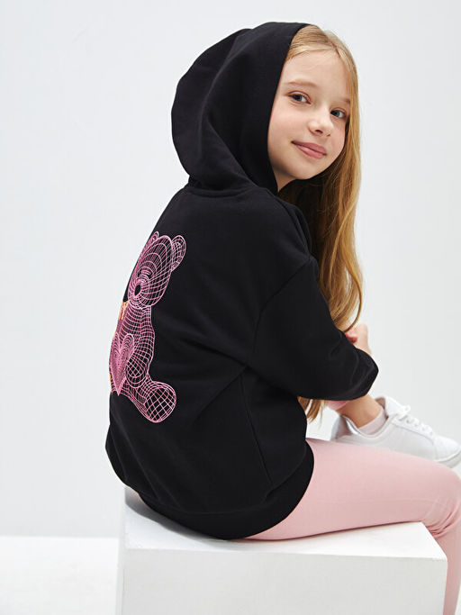 Bask?l? Uzun Kollu K?z ?ocuk Hoodie