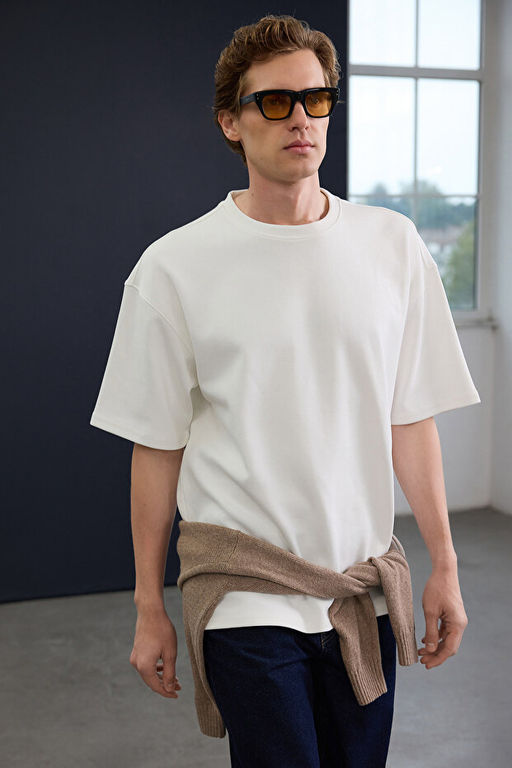 Trendyol Studio Ekru Oversize Kal_n _nterlok Basic T-Shirt TMNAW26TS00003 - Trendyolmilla фото 2