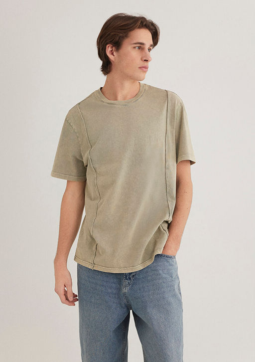 Dikis Detayl? Bej Tisort - Mavi фото 2