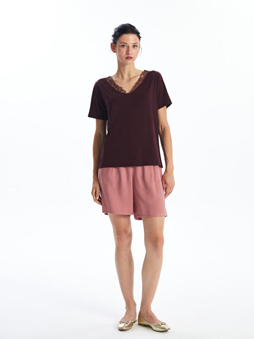 V Yaka Dantel Detayl? K?sa Kollu Kad?n Bluz