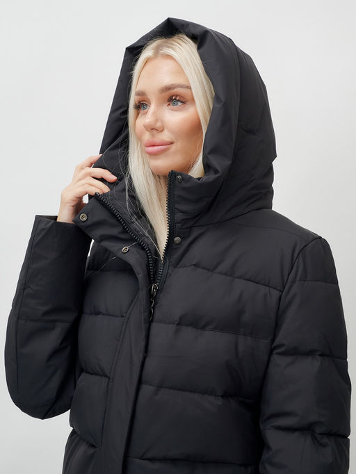 Пальто утепленное стеганное зимнее с капюшоном женское черного цвета 9620Ch - Mtforce фото 7