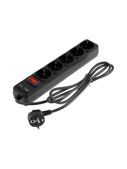 Сетевой фильтр TANGO, 5 гнезд с 2×USB, 1,8м, 10 А, 2200 Вт, с з/к, черный
