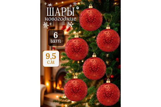 Набор 6 новогодних шаров 9,5*9,5 см Красный