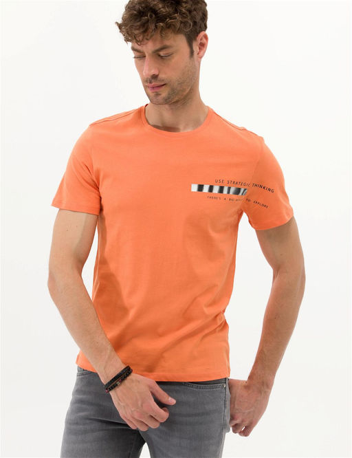 Turuncu Slim Fit Bask_l_ Bisiklet Yaka Ti__rt - Pierre cardin фото 2