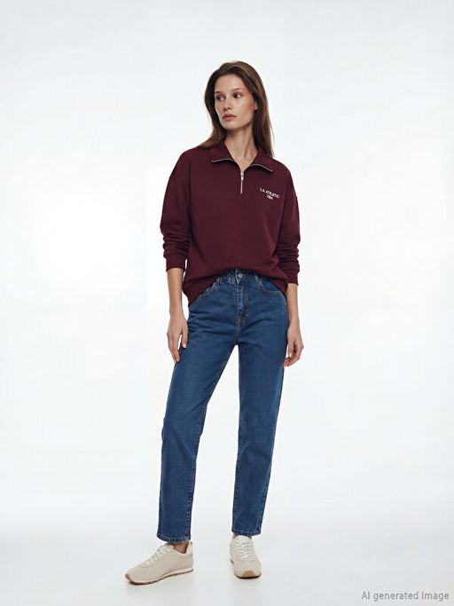 Dik Yaka Nak??l? Oversize Kad?n Sweatshirt Tunik