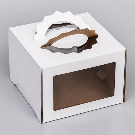 Цена за 5 шт. Коробка под торт 3 окна, с ручками, белая, 28×28×20 см