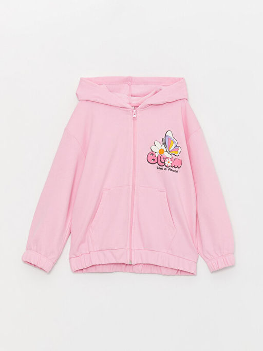 Kap??onlu Bask?l? Uzun Kollu K?z ?ocuk Fermuarl? Sweatshirt