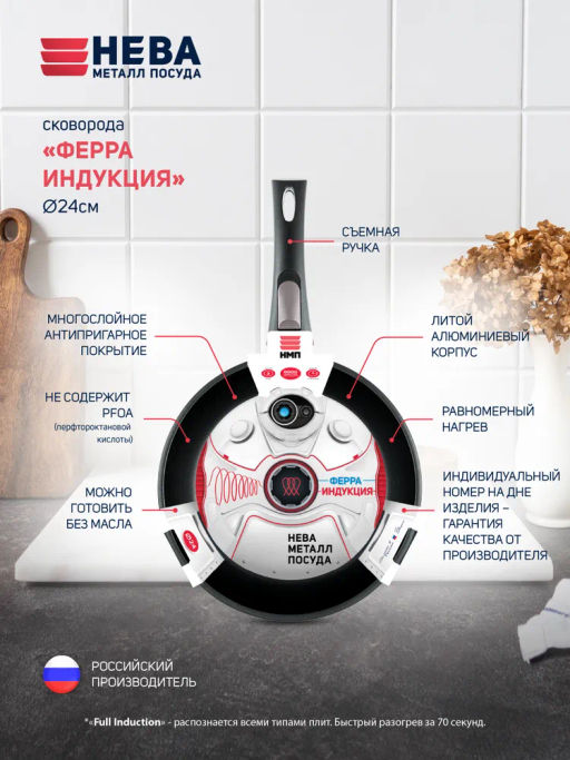 Сковорода Ферра Индукция, cъемная ручка, 24 см - Нева металл посуда фото 2