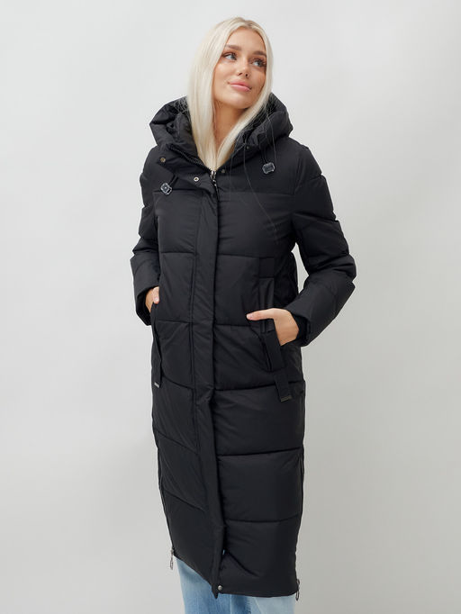 Пальто утепленное стеганное зимнее с капюшоном женское черного цвета 9608Ch - Mtforce фото 17