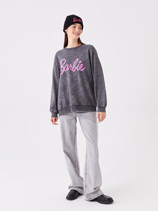 Bisiklet Yaka Barbie Bask?l? Uzun Kollu Oversize Kad?n Sweatshirt