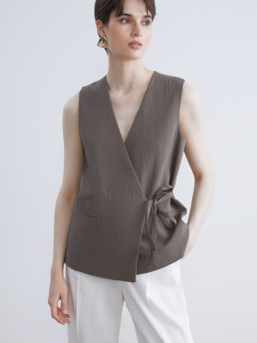 Kruvaze Yaka Dokulu Kad?n Klasik Yelek