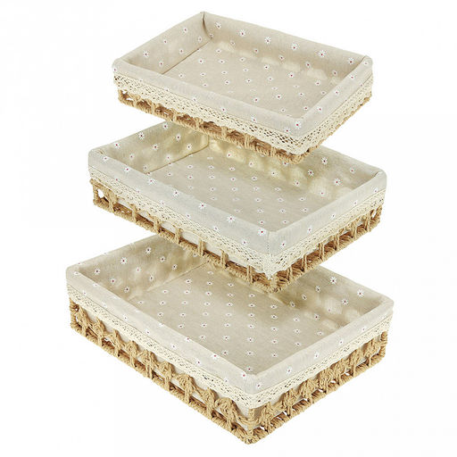 Корзина-сухарница плетеная Миледи набор 3 штуки: 38х28см h10см; 35х25см h8см; 32х22см h6см, металлический каркас, чехол хлопок, форма прямоугольная, цвет - бежевый, ручная работа (Китай)