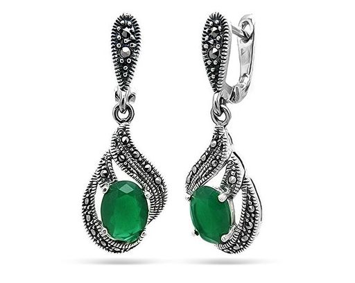 Серьги из серебра зеленый агат, марказит, SL-AGA61