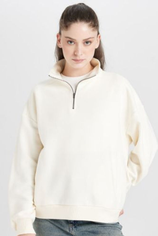 Oversize Genis Kal?p Fermuarl? Dik Yaka Cepli Basic Duz Kal?n Sweatshirt