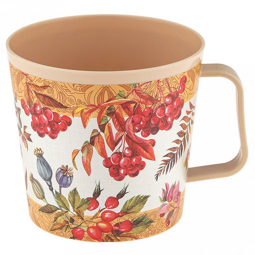 Контейнер-кружка пластмассовый 0,75л, д11,2см, 10,5см, с крышкой, с клапаном, бежевый, с декором, подходит для СВЧ (Россия)