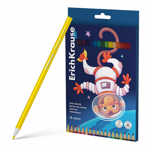 Цена за 8 шт. Цветные карандаши деревянные ErichKrause Kids Space Animals трехгранные, грифель 3 мм, 18 цветов (в коробке с европодвесом 18 шт)