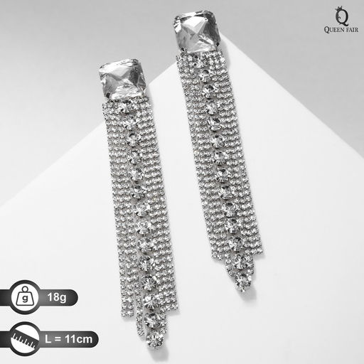 Серьги висячие со стразами Голливуд дорожка, цвет белый в серебре, 11см - Queen fair фото 3