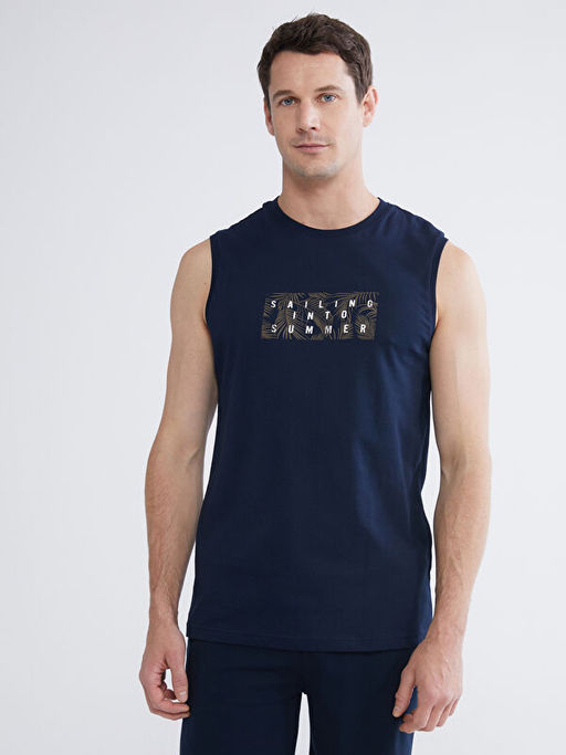 Bisiklet Yaka Bask?l? Penye Erkek Kolsuz Ti??rt