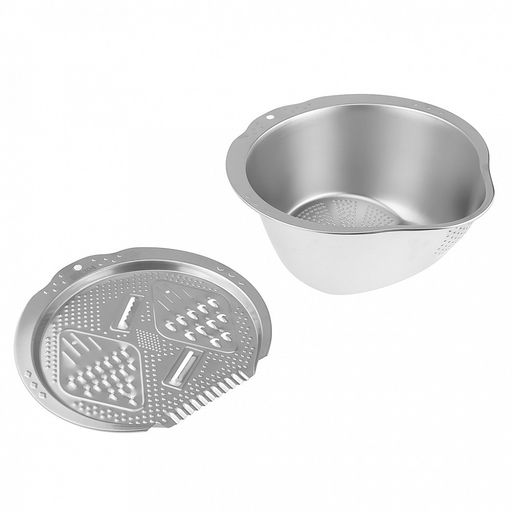 Миска из нержавеющей стали "Мастерица" 2л, 24х26,5х12см, д21см, со сливом, с крышкой-теркой: 4 вида, 3 уровня дна, отверстие для подвеса (Китай)