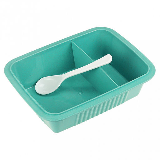 Ланч-бокс для продуктов пластмассовый Эко дом 20,5х15,5см h8,5см, 2 отделения 0,9л, с ложкой 13см, крышка прозрачная, с клипсами, с уплотнителем, цвета в ассортименте: бежевый, розовый, голубой (Китай) Пластик с добавлением пшеничных волокон. - Домашняя мода фото 3