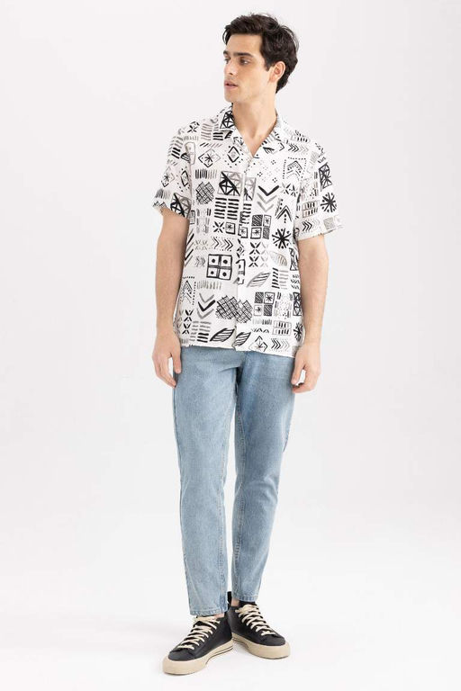 Хлопковая рубашка с коротким рукавом и принтом с вязаным крючком воротником обычного кроя - Defacto фото 6