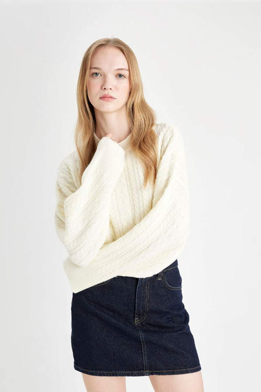 Женский крутой плетеный трикотажный свитер стандартной посадки с круглым вырезом и волосами - Defacto фото 4