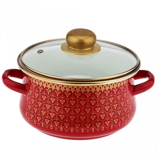 Набор эмалированных кастрюль "Ажурный" 3 предмета: 2л, 3л, 4л, цилиндрическая форма, стекляннеая крышка с пластмассовой ручкой, ободок из нержавеющей стали, бордовый (Россия)