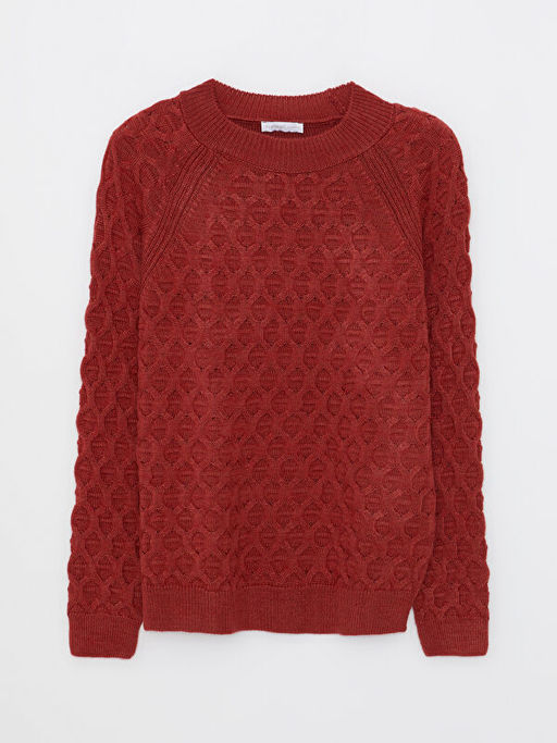 Bisiklet Yaka Kendinden Desenli Uzun Kollu Kad?n Triko Kazak