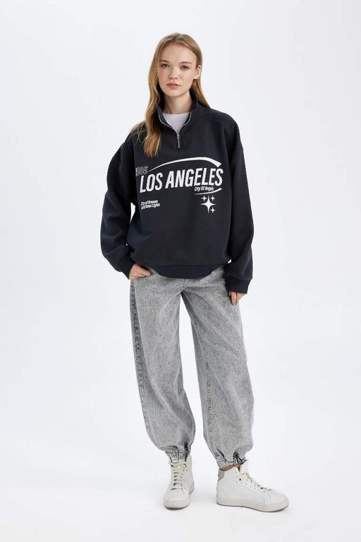 Толстовка из плотной ткани свободного покроя с полумолнией и принтом - Defacto фото 2