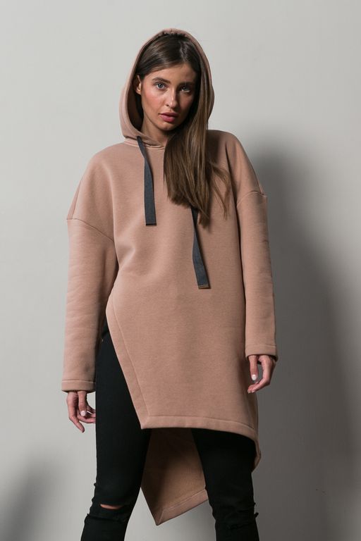 Туника трикотажная теплая с капюшоном из футера бежевая