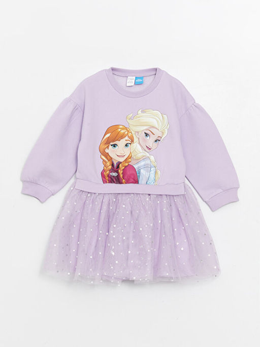 Bisiklet Yaka Uzun Kollu Elsa Bask?l? K?z Bebek Elbise