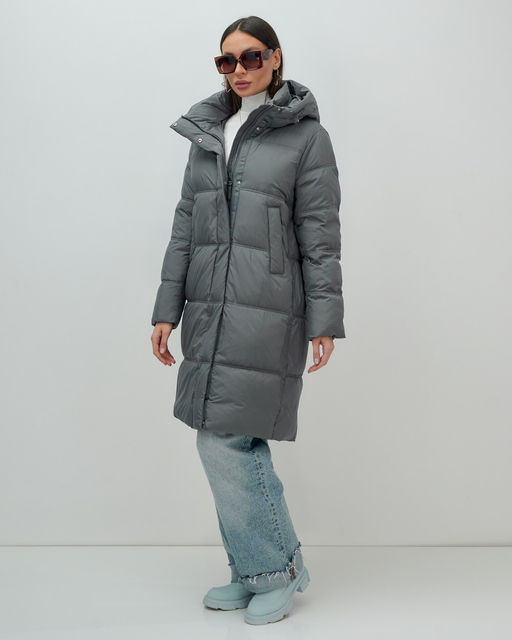 Пальто зимнее утепленное с капюшоном женское темно-серого цвета 7618TC - Visdeer фото 4
