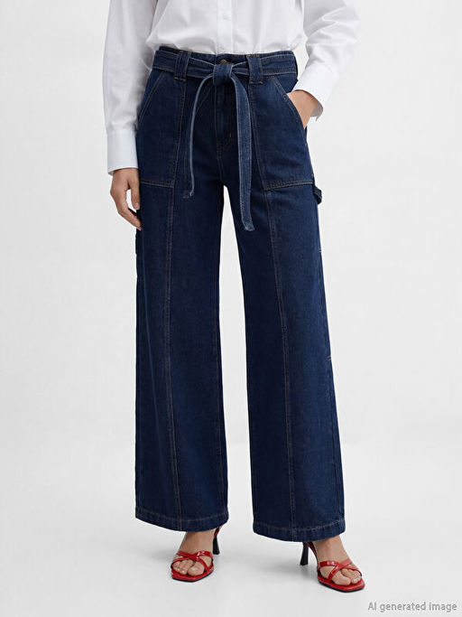 Beli Kemerli Wideleg Kad?n Jean Pantolon